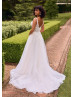 White Lace Tulle V Back Floral Garden Wedding Dress